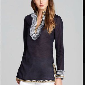 Tory Burch Tory Tunic embroidered fringe navy top